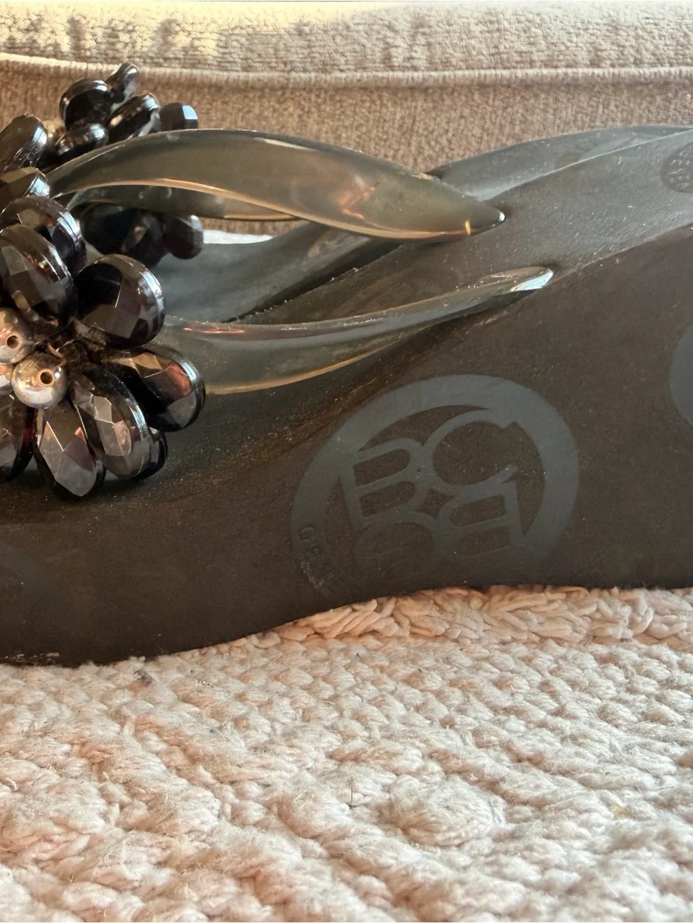 BCBGeneration Black Floral Crystal Wedge Flip-Flops